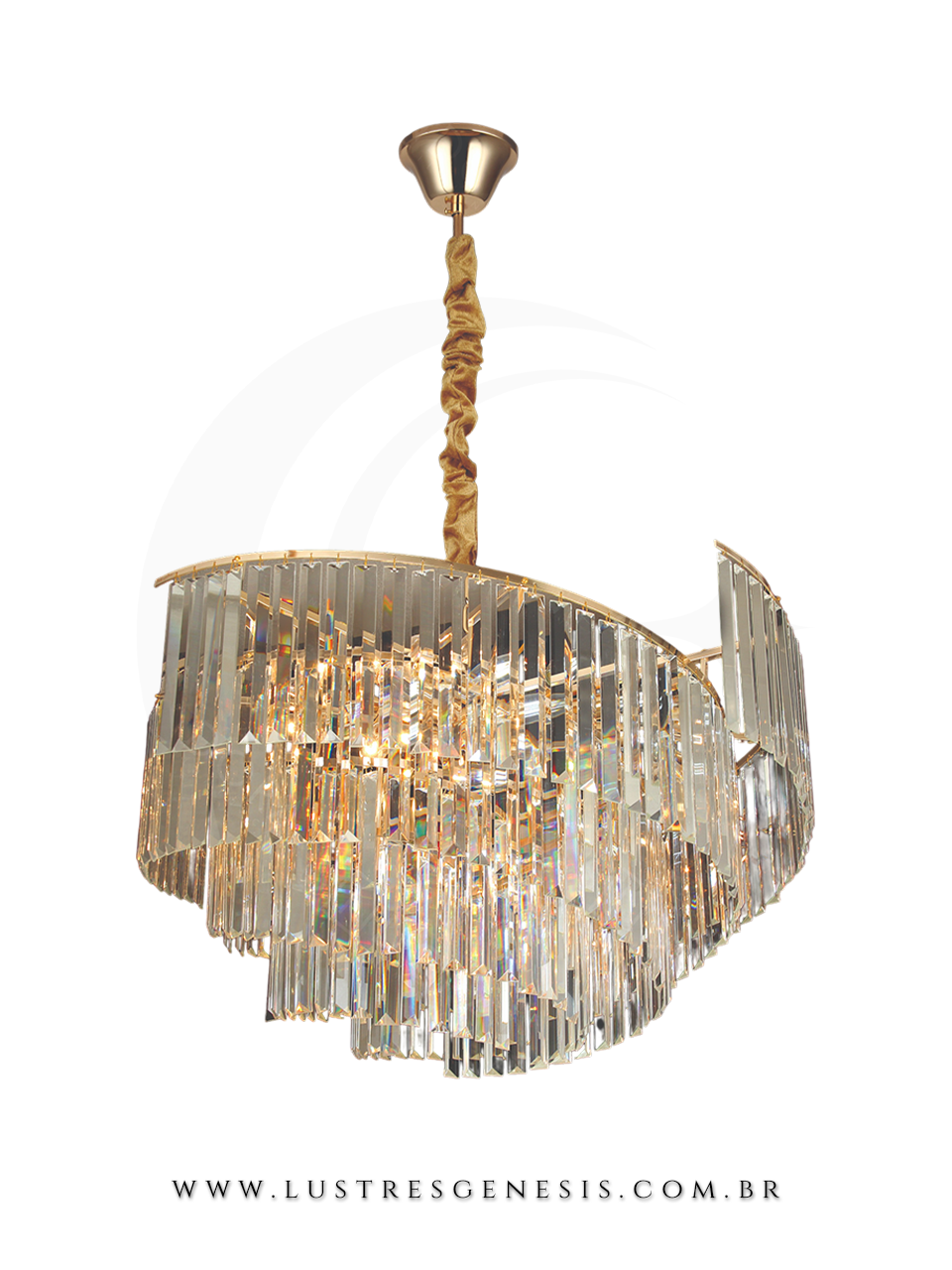 Lustre Moderno de Cristal Dourado 80x50cm Redondo, Sala de Jantar, Mesa Sala de Jantar, Sala de Estar, Quarto Casal, Suite Master